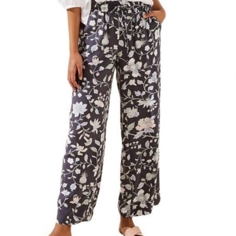 Loft Ann Taylor Grey Floral Woman’s Small Drawstring Pants Wide Leg Flowy